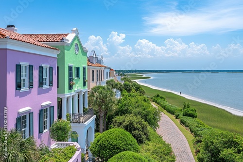 A stunning aerial view of Charleston historic district, with cobblestone streets and colorful antebellum homes