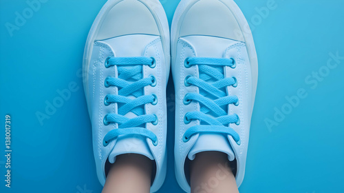 Obraz na płótnie Pair of Stylish Blue Sneakers on Blue Background – Footwear Fashion Concept w salonie