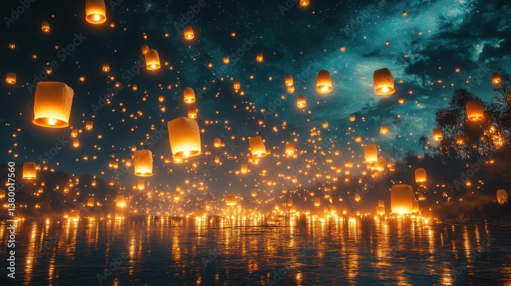 Fototapeta premium Lantern festival night sky illumination over tranquil water