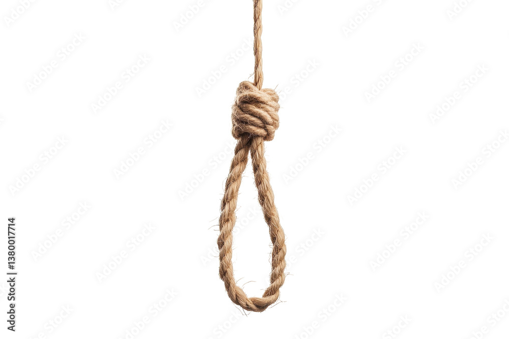 A lone noose dangles against a white backdrop, highlighting isolation and contemplation A lone noose dangles against a white backdrop, highlighting isolation and contemplation