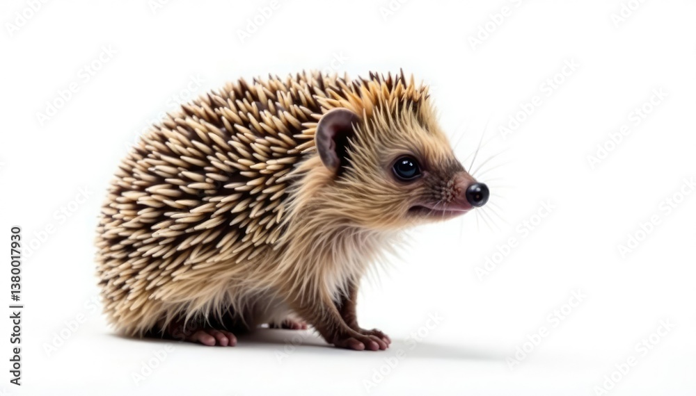 Single brown hedgehog, facing right, on seamless white backdrop, woodland, creature, cute Single brown hedgehog, facing right, on seamless white backdrop, woodland, creature, cute
