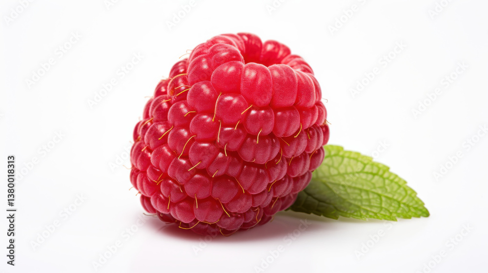 Bright red raspberry sits alone on a white background, highlighting its plump texture and vivid color while accompanied by a small green leaf for contrast Bright red raspberry sits alone on a white background, highlighting its plump texture and vivid color while accompanied by a small green leaf for contrast