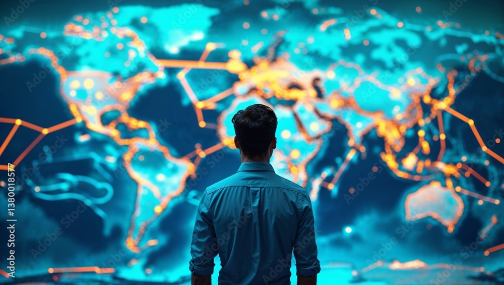 Obraz premium Global Connectivity A Man Contemplating the World's Interwoven Networks