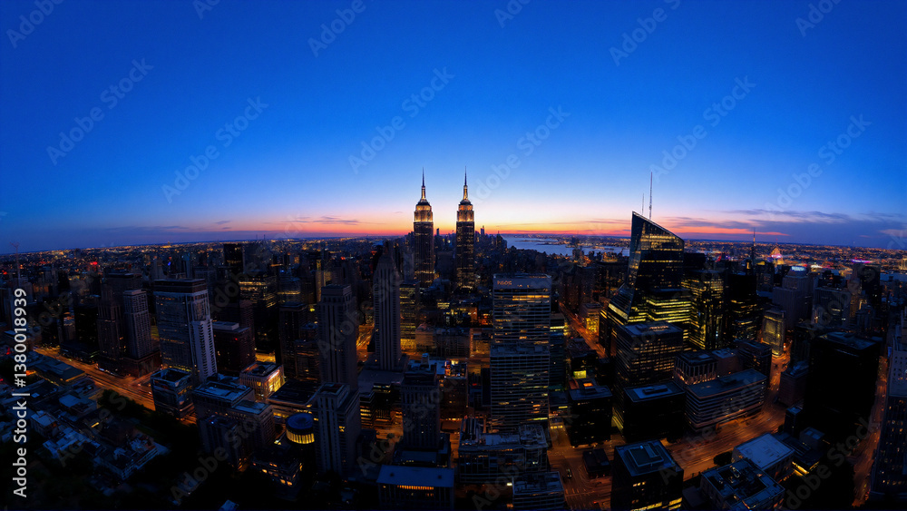 Naklejka premium Night cityscape: illuminated buildings under dark blue sky. Urban metropolis with vast skyline and bright city lights creating a vibrant night scene.