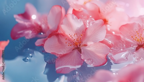Delicate Pink Blossoms Floating on Calm Water Surface in Spring