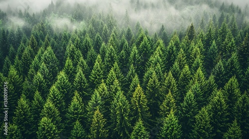Aerial perspective shows dense evergreen trees shrouded in mist