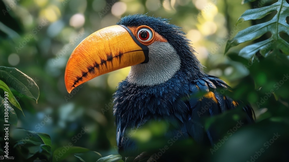 Obraz premium Vibrant toucan in lush foliage with striking orange beak
