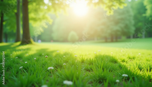 Verdant Sunlit Lawn Dotted with Wild Daisies 