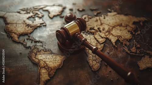 Gavel on antique world map symbolizing global law and justice concepts