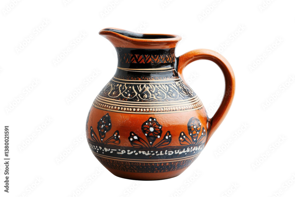 Beautifully handcrafted ceramic pitcher with intricate designs in warm tones and a glossy finish Beautifully handcrafted ceramic pitcher with intricate designs in warm tones and a glossy finish