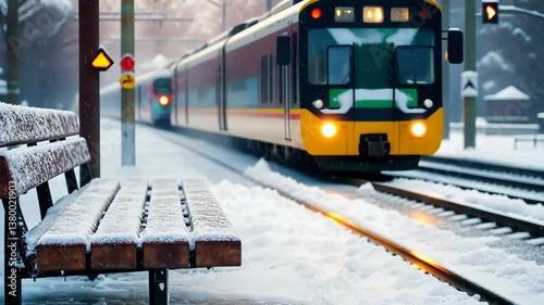 Snowy train platform in winter  urban commuting scene