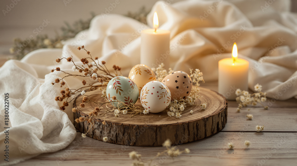 Cozy Easter Evening Indoors. Candlelit Table with Decorated Eggs and Spring Decor
