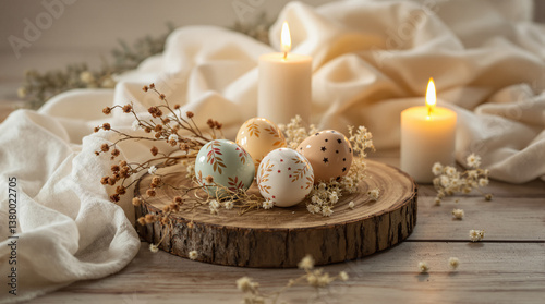 Obraz na płótnie Cozy Easter Evening Indoors. Candlelit Table with Decorated Eggs and Spring Decor w salonie