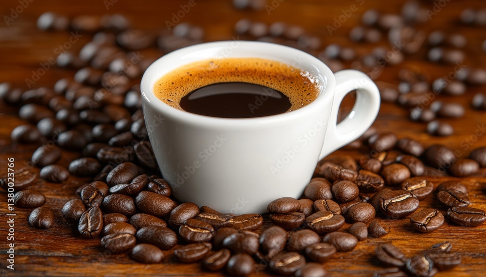 Obraz premium Aroma Morning White Cup Filled with Dark Coffee Surrounded by Roasted Beans on Wooden Table.