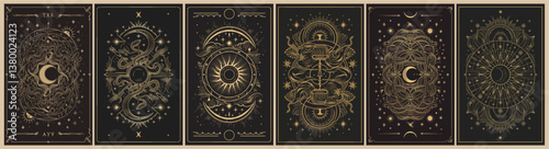 A series of Tarot black and gold cards with a crescent moon, stars and mystical elements on them. Vector illustration