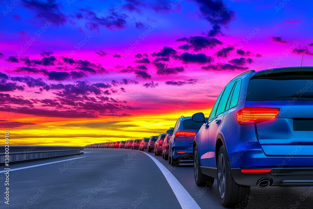 Fototapeta premium A traffic jam at sunset, with red brake lights glowing in the fading light