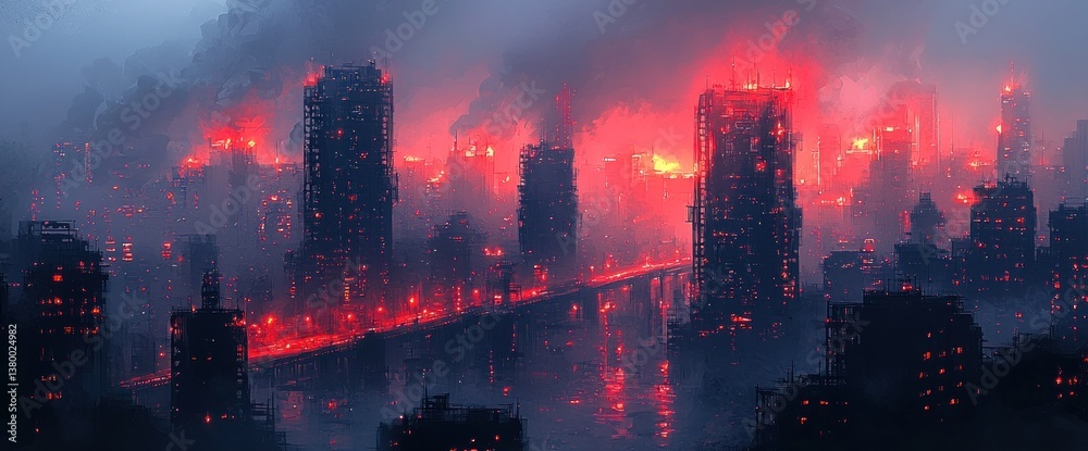 Naklejka premium Post-apocalyptic cityscape in fiery mist