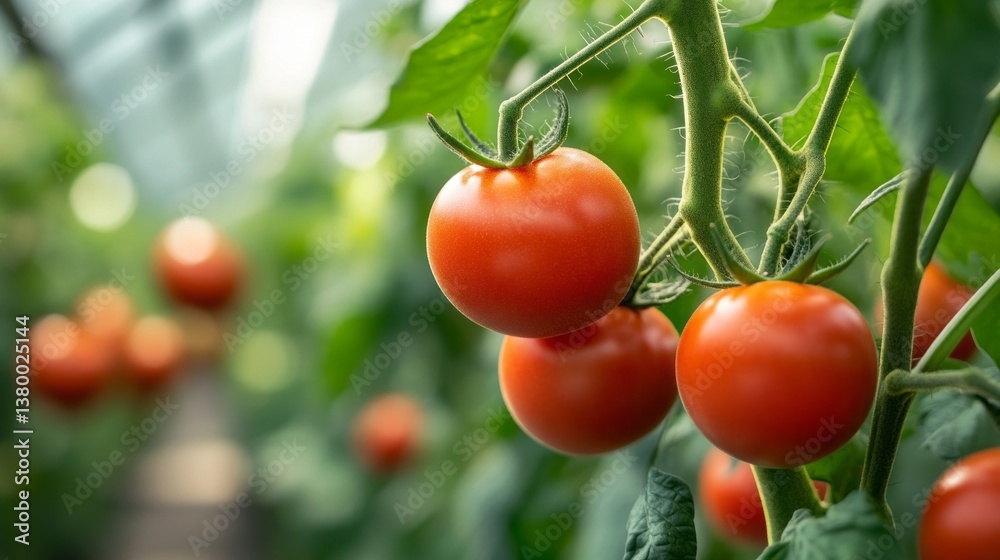 Lush green leaves cradle clusters of ripe red tomatoes in a sunlit greenhouse. The atmosphere is warm, highlighting the beauty of sustainable farming and diligent care for these thriving plants Lush green leaves cradle clusters of ripe red tomatoes in a sunlit greenhouse. The atmosphere is warm, highlighting the beauty of sustainable farming and diligent care for these thriving plants