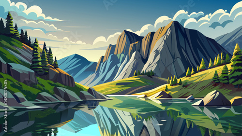 Serene lake reflecting rocky hills in rural , wonderful springtime landscape in mountains