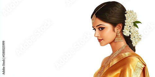A South Indian bride in a golden Kanjeevaram saree, with jasmine flowers in her hair on white background