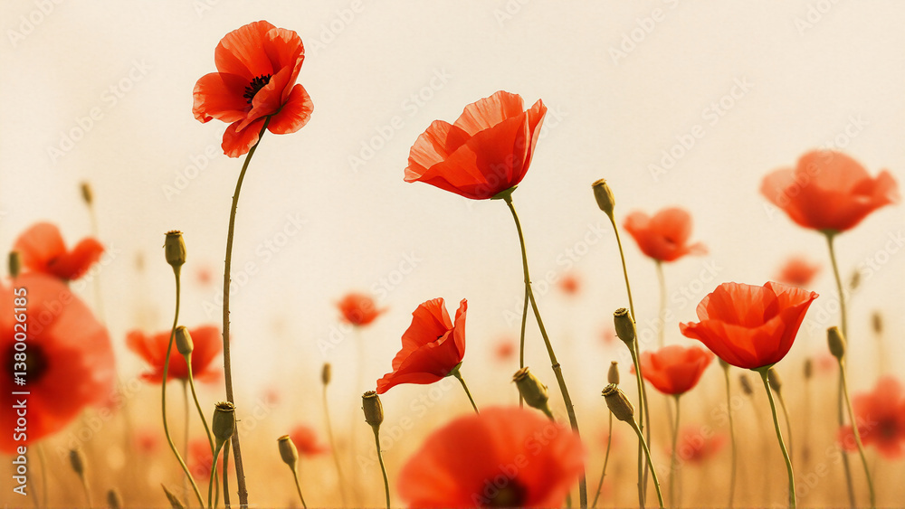 Fototapeta premium A field of vibrant red poppy flowers gracefully dances in a gentle breeze, bathed in warm, soft sunlight. The scene evokes a sense of peacefulness and natural beauty.