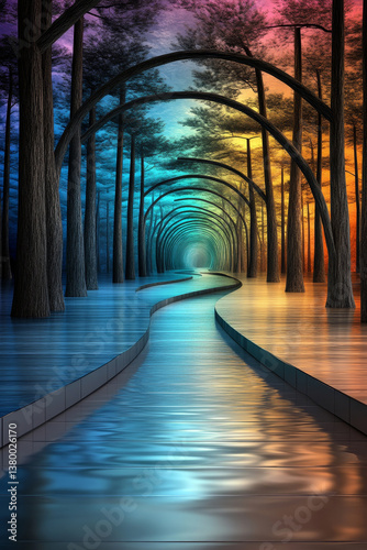 A minimalist 3D art graphic of a serene landscape featuring with towering trees.