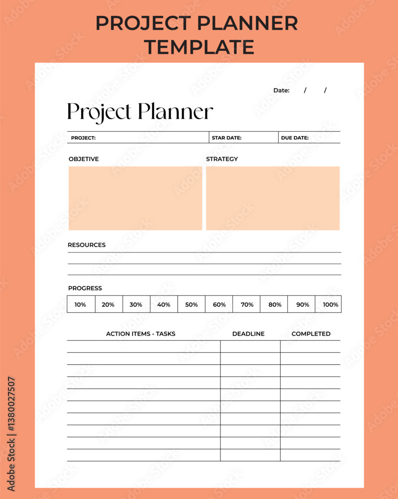 Obraz premium Aesthetic Project Planner. Personal Template. Coaching tool for personal journal page, planner template, blank for notebook. Minimalist Vector Printable Template.