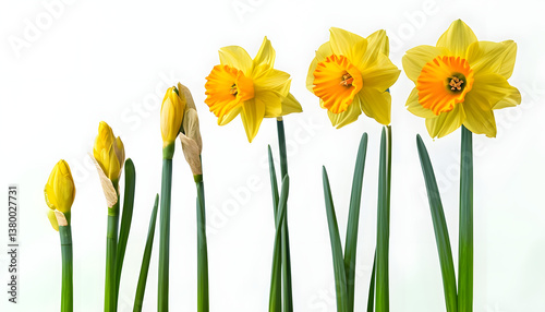 daffodils isolated on white background, Six Daffodil Flowers In Bloom Stages Against White Background