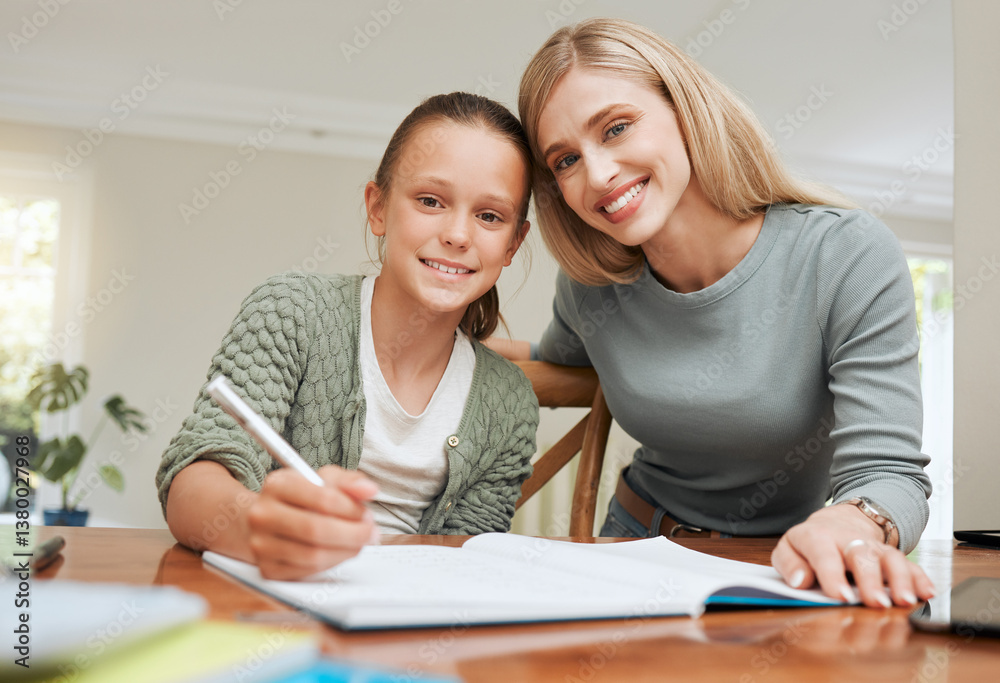 Mother, child and portrait with homework in home for helping with studying, learning development and support. Happy family, woman and girl kid with books at dining table for education and scholarship Mother, child and portrait with homework in home for helping with studying, learning development and support. Happy family, woman and girl kid with books at dining table for education and scholarship