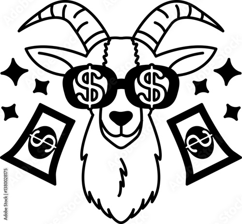isolate black and white illustration of Goat wearing dollar glasses and dollar bills