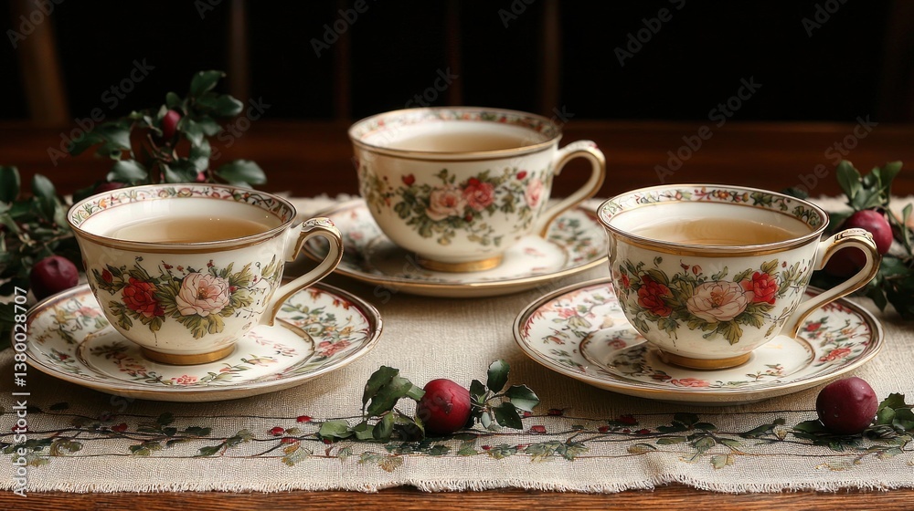 Elegant teacups on a linen tablecloth Elegant teacups on a linen tablecloth
