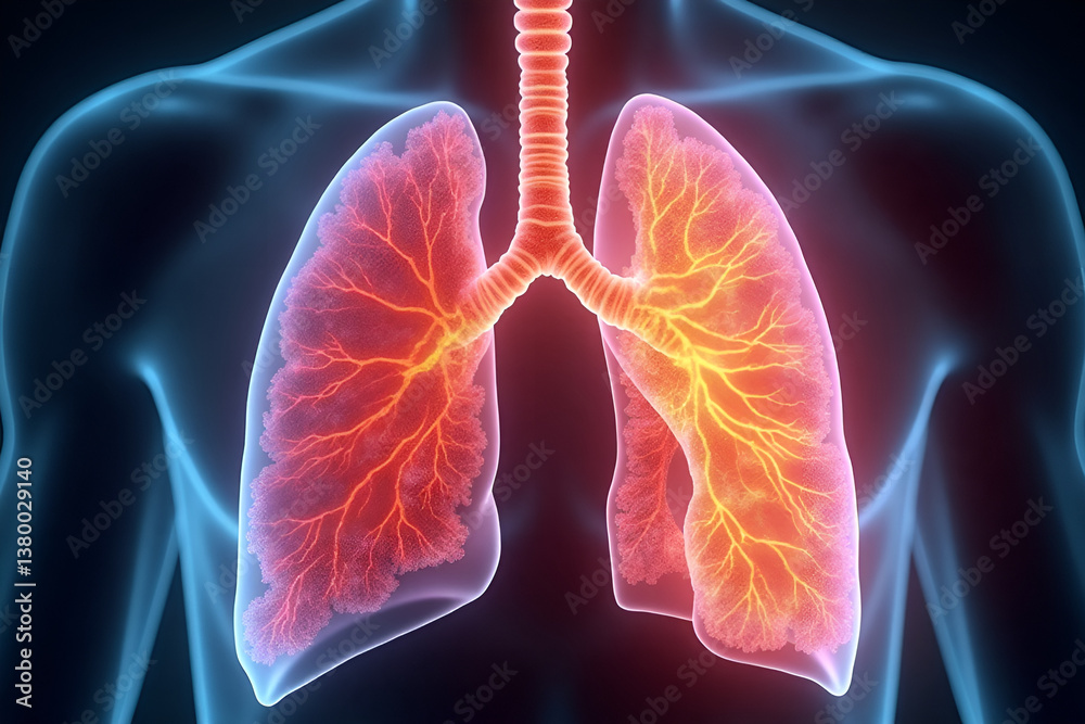 Human lungs anatomical 3D rendering detailed in red orange revealing respiratory system for medical education Human lungs anatomical 3D rendering detailed in red orange revealing respiratory system for medical education