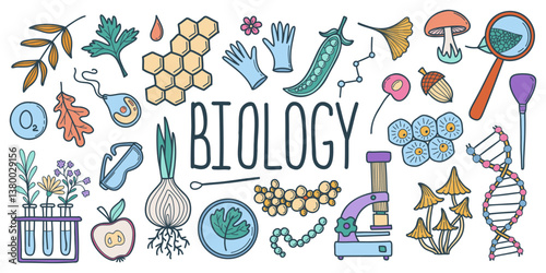 Set of doodle objects biology lesson. Hand drawn laboratory vector illustration. Learning, education concept. Microbes, test tubes, human anatomy, flora and fauna elements.