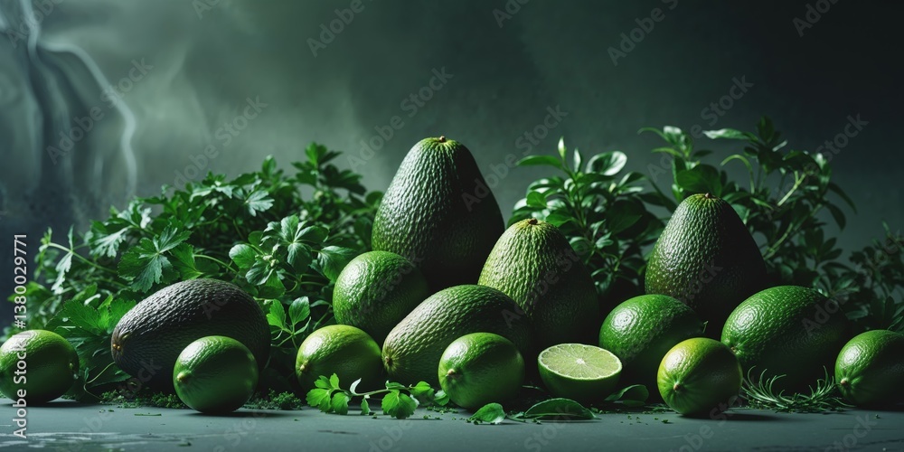 Green Avocados and Limes with Herbs on Dark Background.