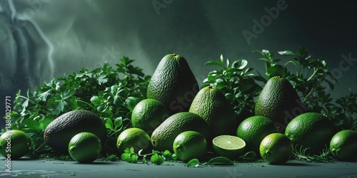 Obraz na płótnie Green Avocados and Limes with Herbs on Dark Background. w salonie
