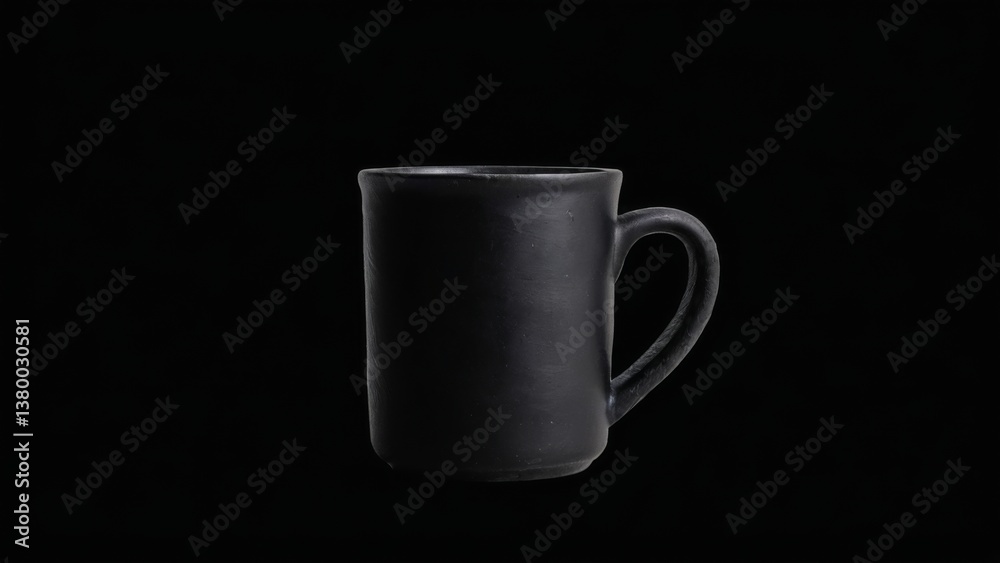 Obraz premium Black ceramic mug with curved handle and textured rim on black background, standing empty with unique design.
