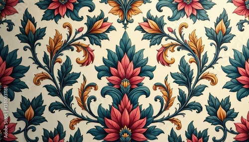 Intricate floral damask pattern in muted tones , cream, background