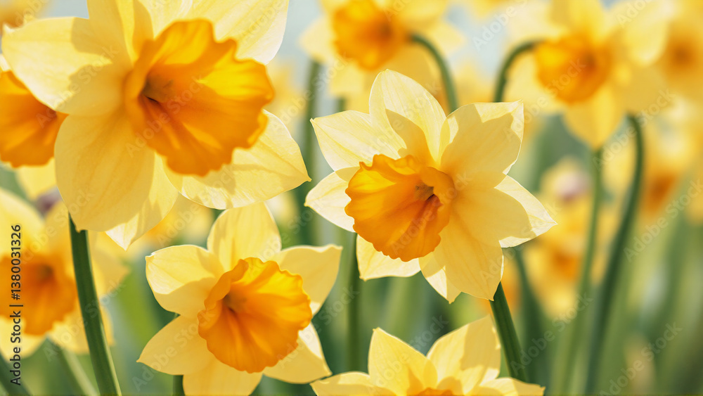 Sunny yellow daffodils in full bloom herald spring. The vibrant flowers fill the frame, showcasing their delicate petals and cheerful trumpets. Sunny yellow daffodils in full bloom herald spring. The vibrant flowers fill the frame, showcasing their delicate petals and cheerful trumpets.