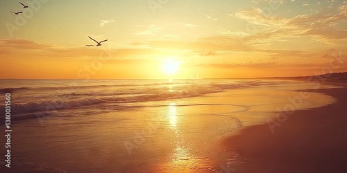 Golden sunrise reflecting on calm ocean waves, with seagulls flying over an empty, untouched tropical beach. 