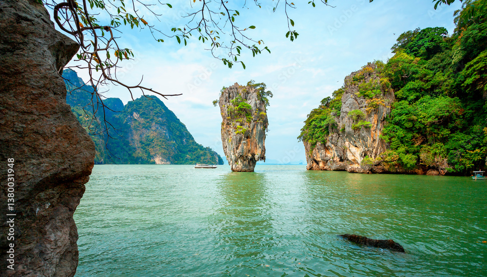 Scenic view landscape James bond island Phang-Nga bay near Phuket, Thailand. Landscape of famous place on Phuket, Thailand. Beautiful place of Phuket.