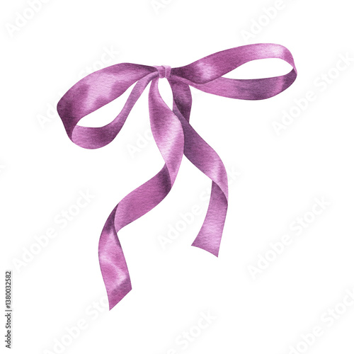 Purple satin ribbon bow. Hand drawn watercolor illustration of silk knot on isolated background for gift or present. Drawing of ornate textile tape for polygraphy, planner, sticker, decor, gift boxes.