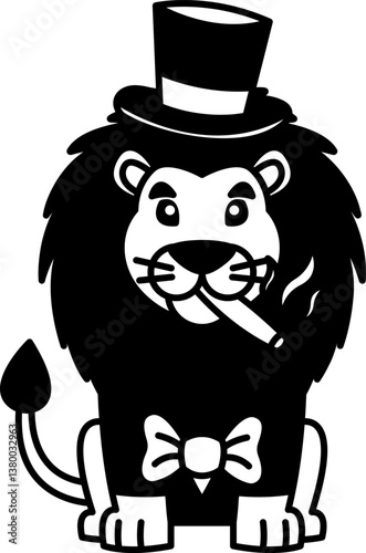 isolate black and white illustration of Lion in suit and top hat and smoking cigar