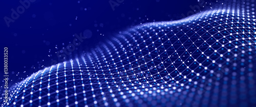 3d perspective grid with lines and dots. Abstract wave or connection of particles. Futuristic 3d rendering.