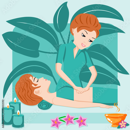 Abdominal massage. Therapy and treatment by professional therapist in SPA. Isolated flat vector illustration. European ethnicity.