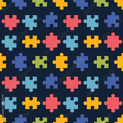 Colorful jigsaw puzzle pieces arranged in a seamless pattern on a dark background