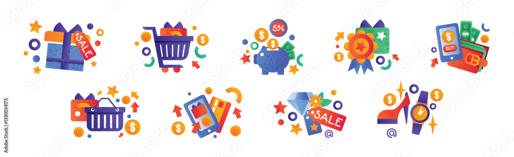 Shopping and Purchase Colorful Icon and Pictogram Vector Set