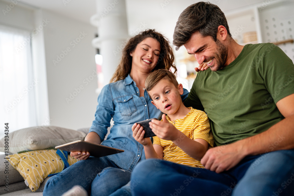 Happy technology addicted family parents and kid use laptop phone digital tablet at home, Happy technology addicted family parents and kid use laptop phone digital tablet at home,