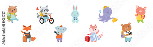 Funny Animal Tourist or Travelers with Bag Vector Set