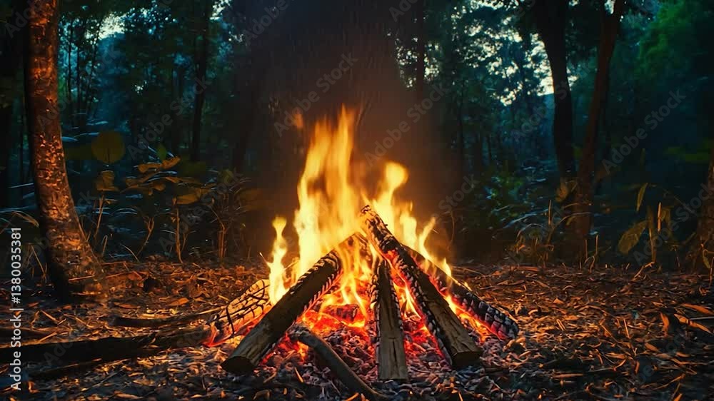 Burning Campfire in Tropical Forest Burning Campfire in Tropical Forest