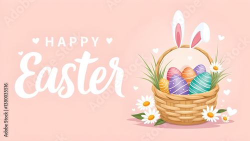 Joyful Easter Celebration: Whimsical illustration featuring a cute bunny head, 